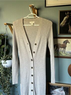 H&M Light Gray Ribbed Long Button-Front Cardigan